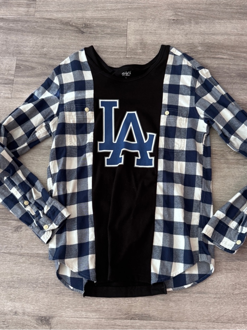 LA Logo Black & Navy Plaid Top